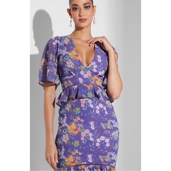 Hope & Ivy Purple Floral Tammie V-Neck Midi Tea Dress - Picture 11 of 11